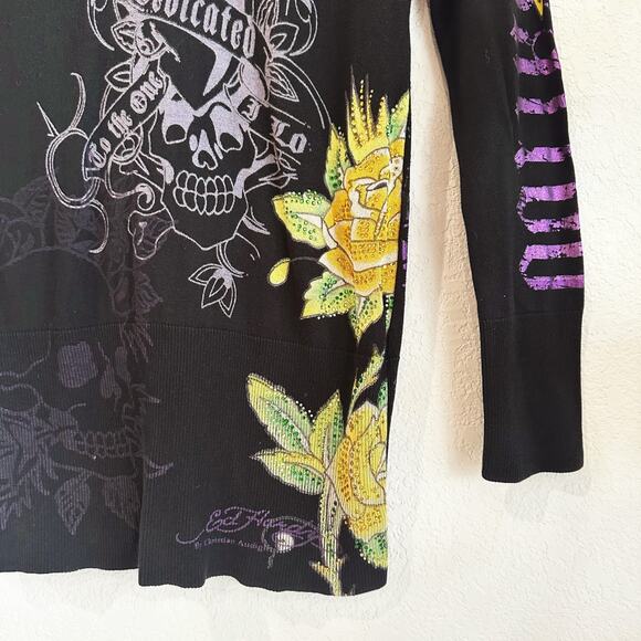 VTG Y2K Ed Hardy Sweater/Tunic Dress Medium Embellished Pull-Over Fitted Grunge - Picture 2 of 9